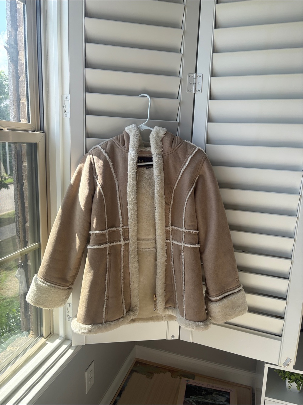 Kids Tan Faux-Shearling Hooded Puffer Jacket